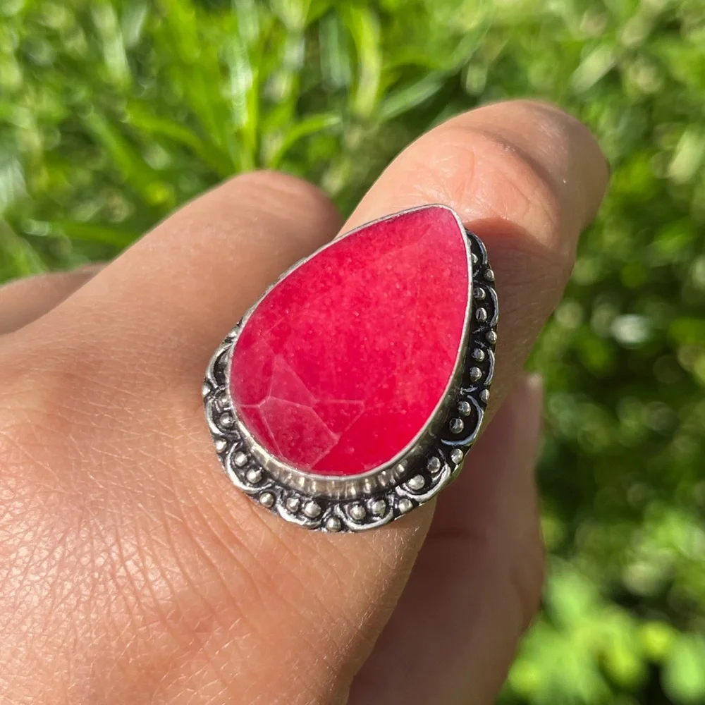Size 9 925 silver plated‎ hot pink simulated ruby ring